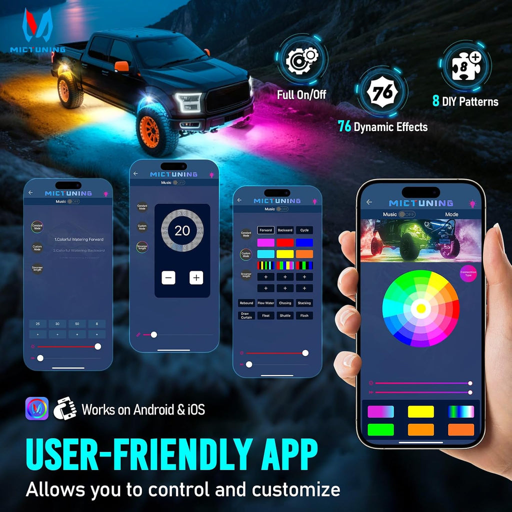MICTUNING Q1+ MAX 16 Pods Ultra-Bright RGB Rock Lights, Multi-Color Chasing Underglow Lighting, Extensible to 24 Pods, APP Music Sync & DIY Effects, IP68 Waterproof