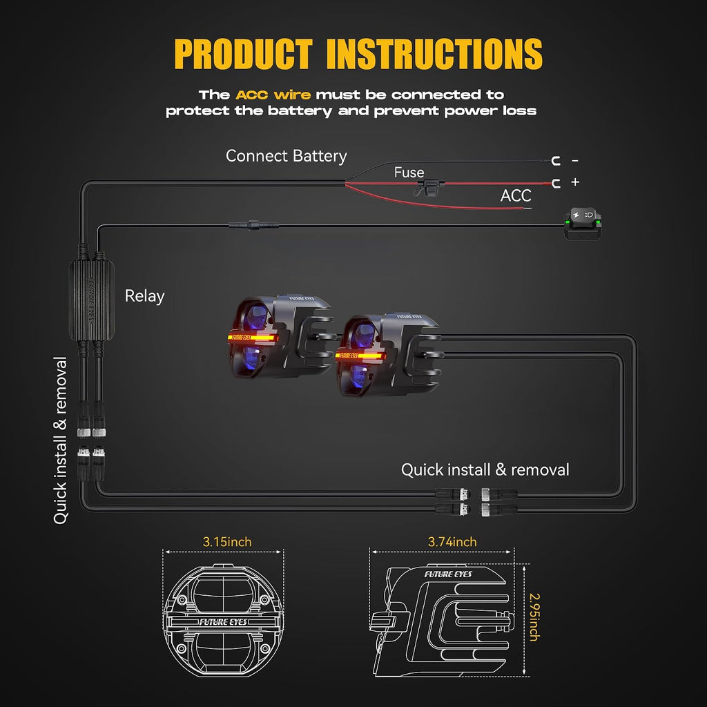 Future Eyes Motorcycle Fog Lights 120W LED Amber Auxiliary Driving Lights with DRL & Strobe, IP67 Waterproof Motorcycle Light for Night Riding, Off-Road, Dirt Bike, ATV, UTV, Golf Cart