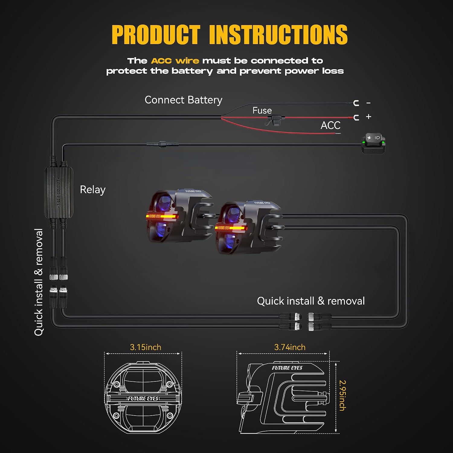 Future Eyes Motorcycle Fog Lights 120W LED Amber Auxiliary Driving Lights with DRL & Strobe, IP67 Waterproof Motorcycle Light for Night Riding, Off-Road, Dirt Bike, ATV, UTV, Golf Cart