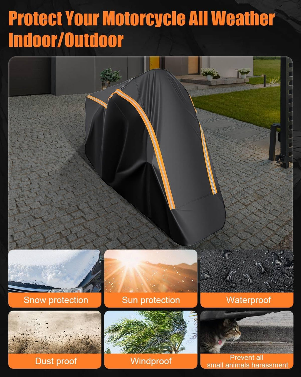 full enclosed motorcycle cover waterproof outdoor fit length, close-up detail