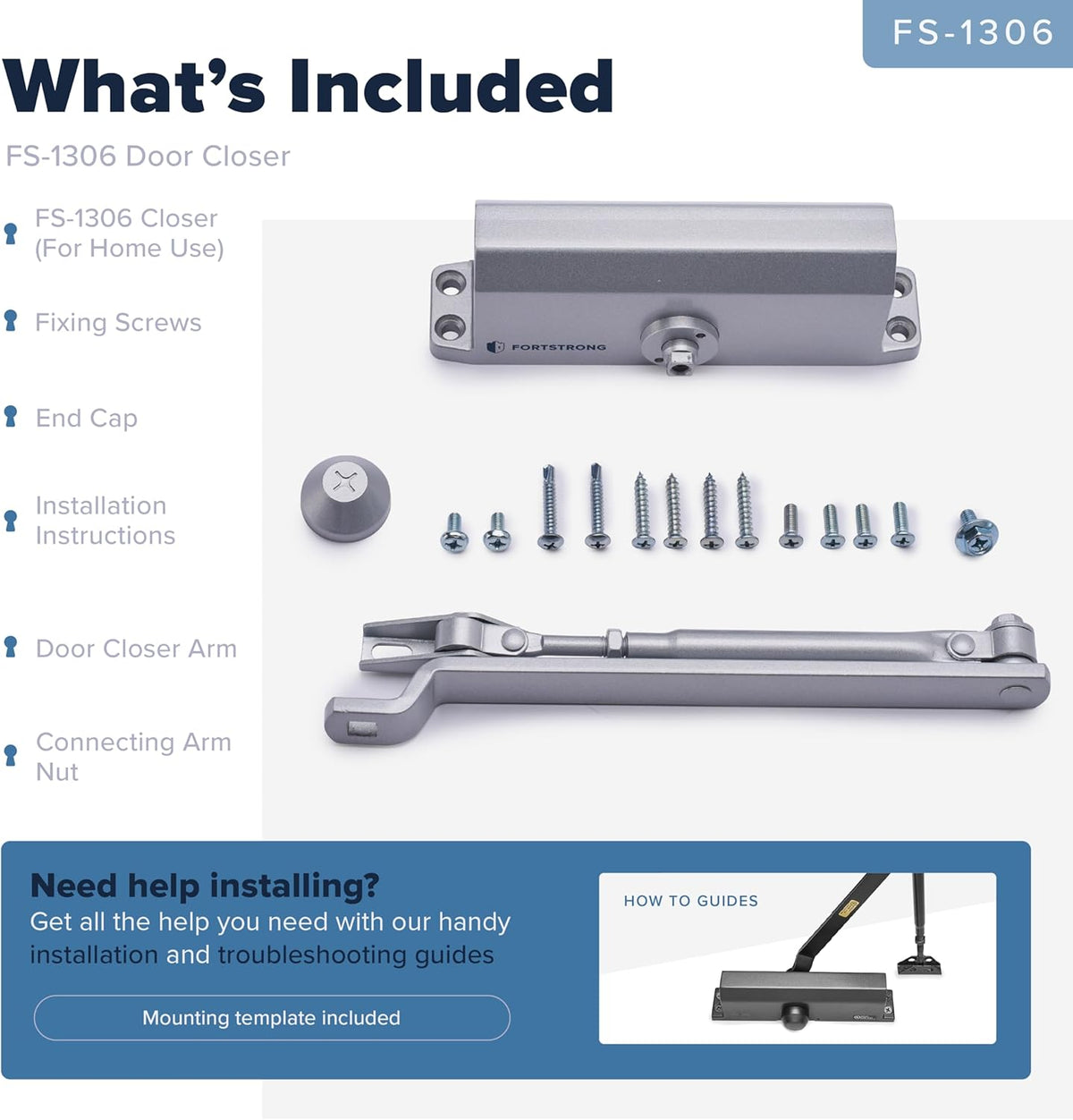 automatic door closer (silver), fs-1306 residential hydraulic auto, side view