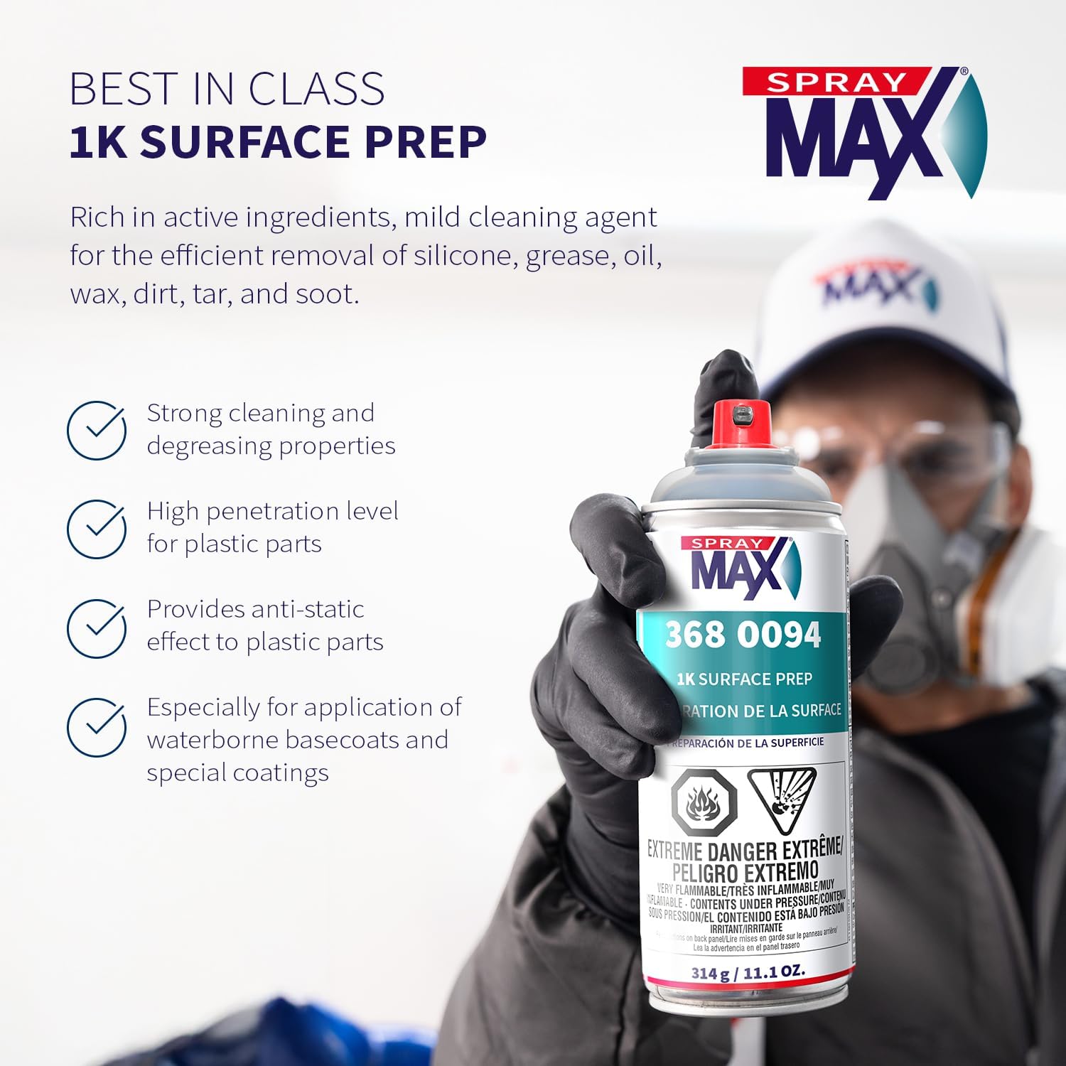 SprayMax 1K Wax & Grease Remover Transparent | Professional Surface Prep Cleaner & Degreaser for Automotive Surfaces |Removes Oil, Grease, Wax, Tar & Silicone |Waterborne Panel Prep Cleaner |11.1 oz