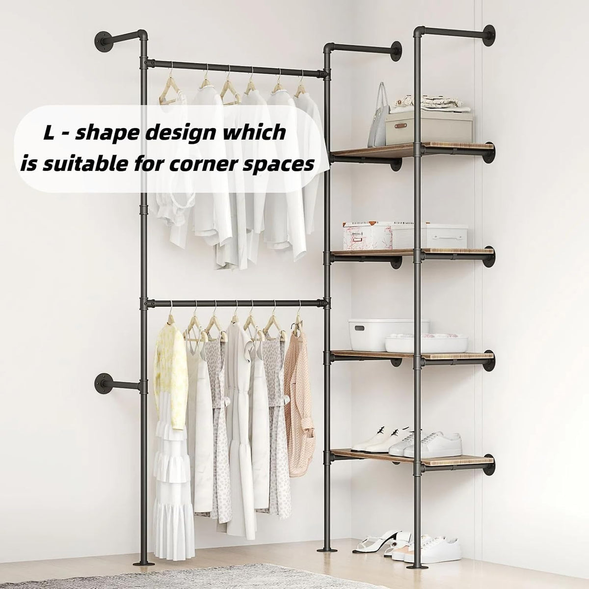 industrial pipe clothing rack, close-up detail
