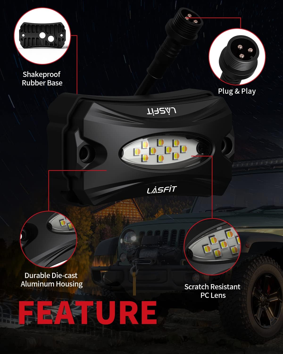 LASFIT Switchback Rock Lights Amber & White Wheel Well Lights with Toggle Switch LED Rock Lights kit Underglow Lighting for Off Road, 4 Pods