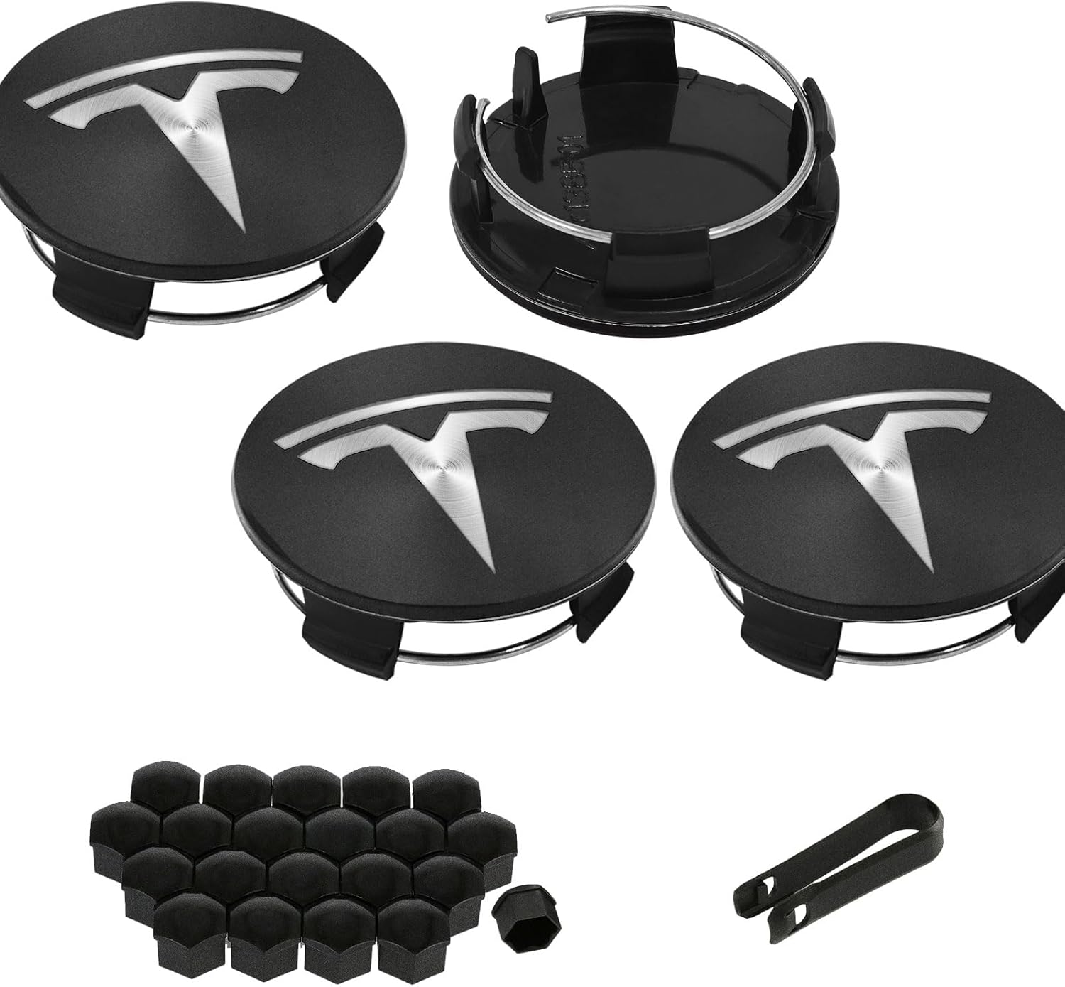 4 Pack Exterior Decoration Wheel Center Cover for Tesla Model 3 Model Y All Years,Only 56mm Hubcaps Wheel Rim Cover Center Caps Hubcaps+20 Black Lug Nut Covers (Matte Black+Silver Emblem)