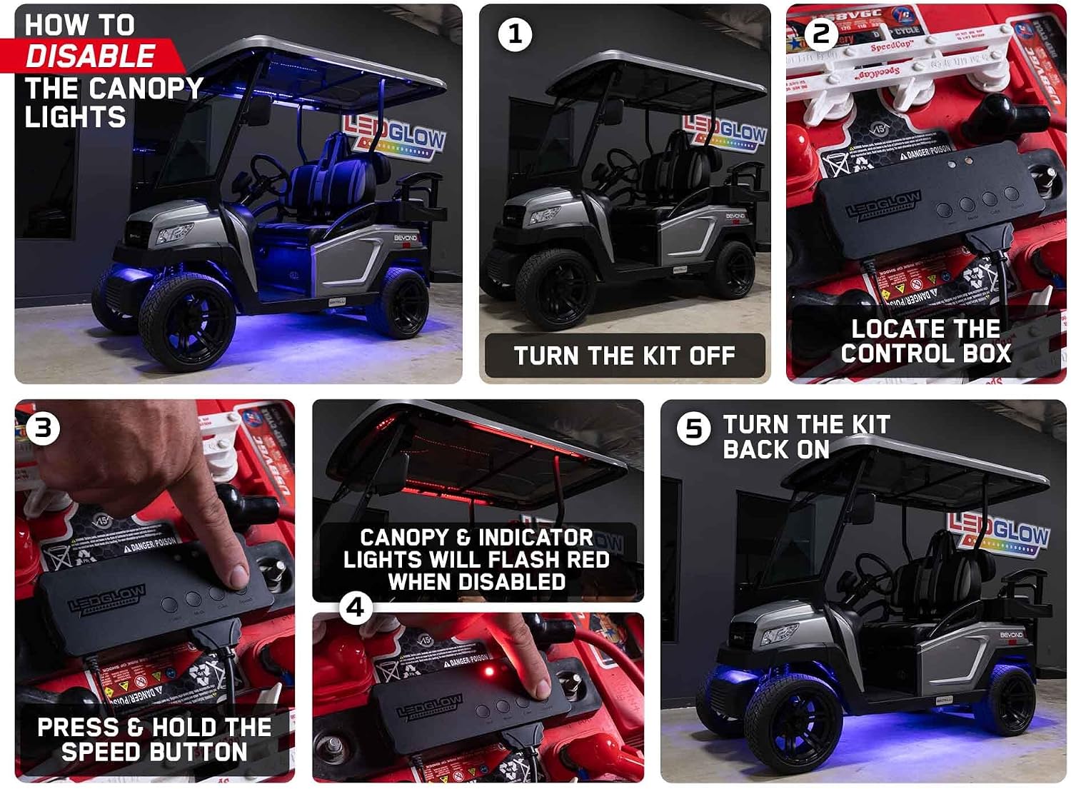LEDGlow 12pc Million Color LED 6-Seater Limo Golf Cart Underglow Neon Lighting Kit w/Canopy & Wheel Well Lights Fits EZGO, Yamaha, Club Car, ICON, Evolution, Tomblerin, Star EV - for 12-Volt Battery