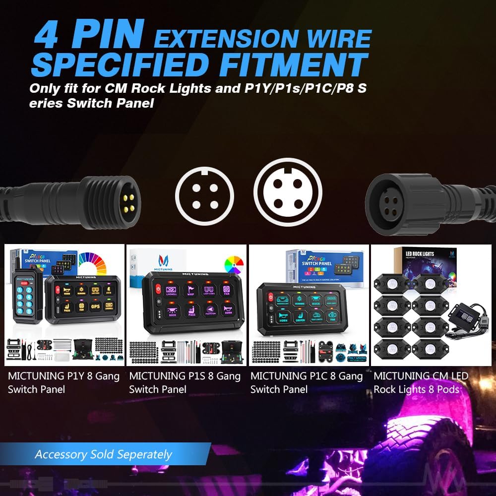 MICTUNING 2PCS 10FT 4 Pin Extension Cables | For 2nd-Gen RGB Rock Lights & P1Y+ Switch Panel Connection, snap-on connector ，IP68 waterproof