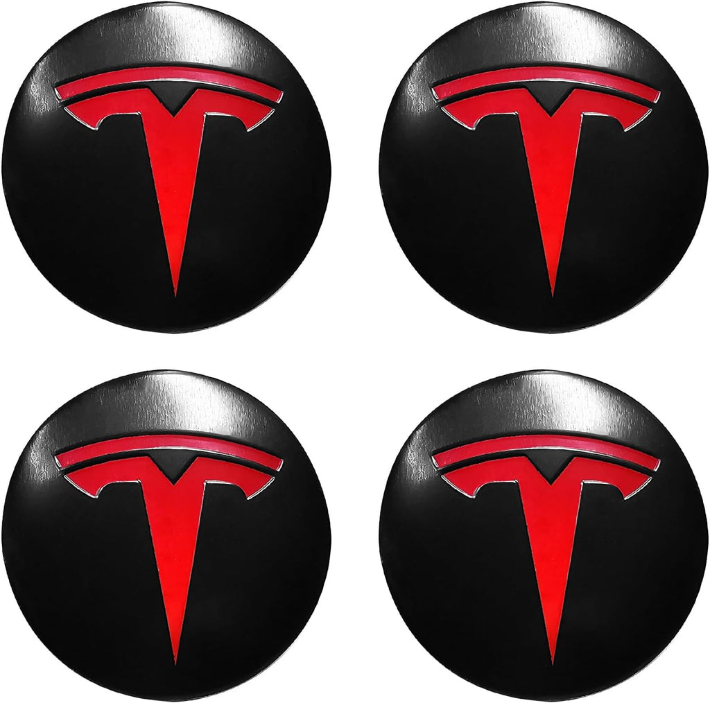 4 Pack Aluminum Waterproof Wheel Cover Center Emblem Sticker for Tesla Model 3 Model Y 56mm Hubcaps Wheel Rim Cover (Matte Black Background+Red Emblem)