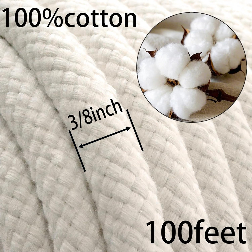 100 Feet 3/8 Inch Braided Cotton Rope - Soft White Cotton Rope for Clothesline, Swing, DIY, Baskets