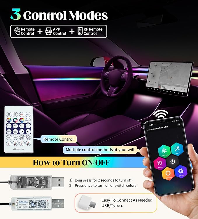 KENANEK Acrylic Interior Car LED Strip, 10 in 1 USB/Type C Interface Colorful - Image 4