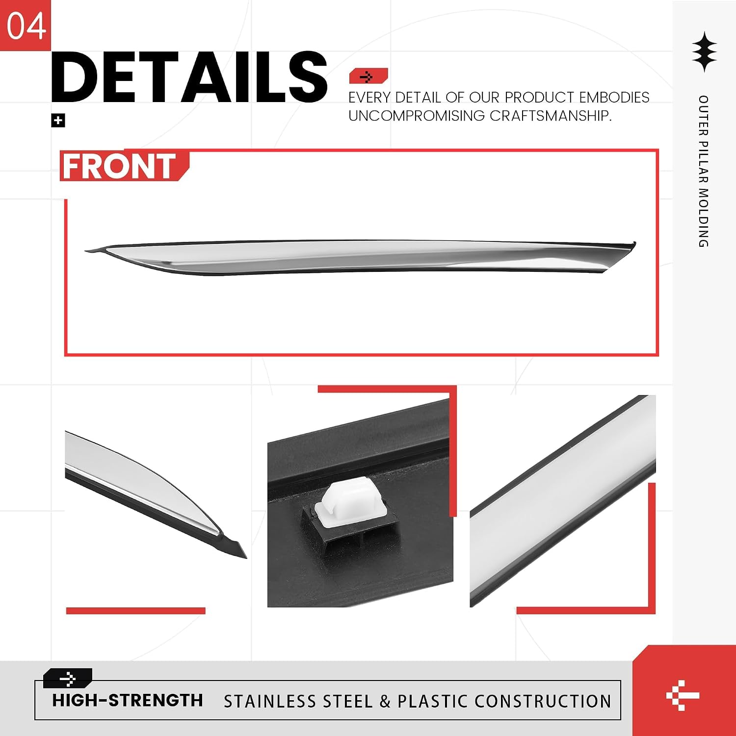 Rear Right Pillar Molding Compatible with 2011-2016 Kia Optima Replace for 878602T000 Driver Body Pillar Posts Trim Cover Plastic+Stainless Steel