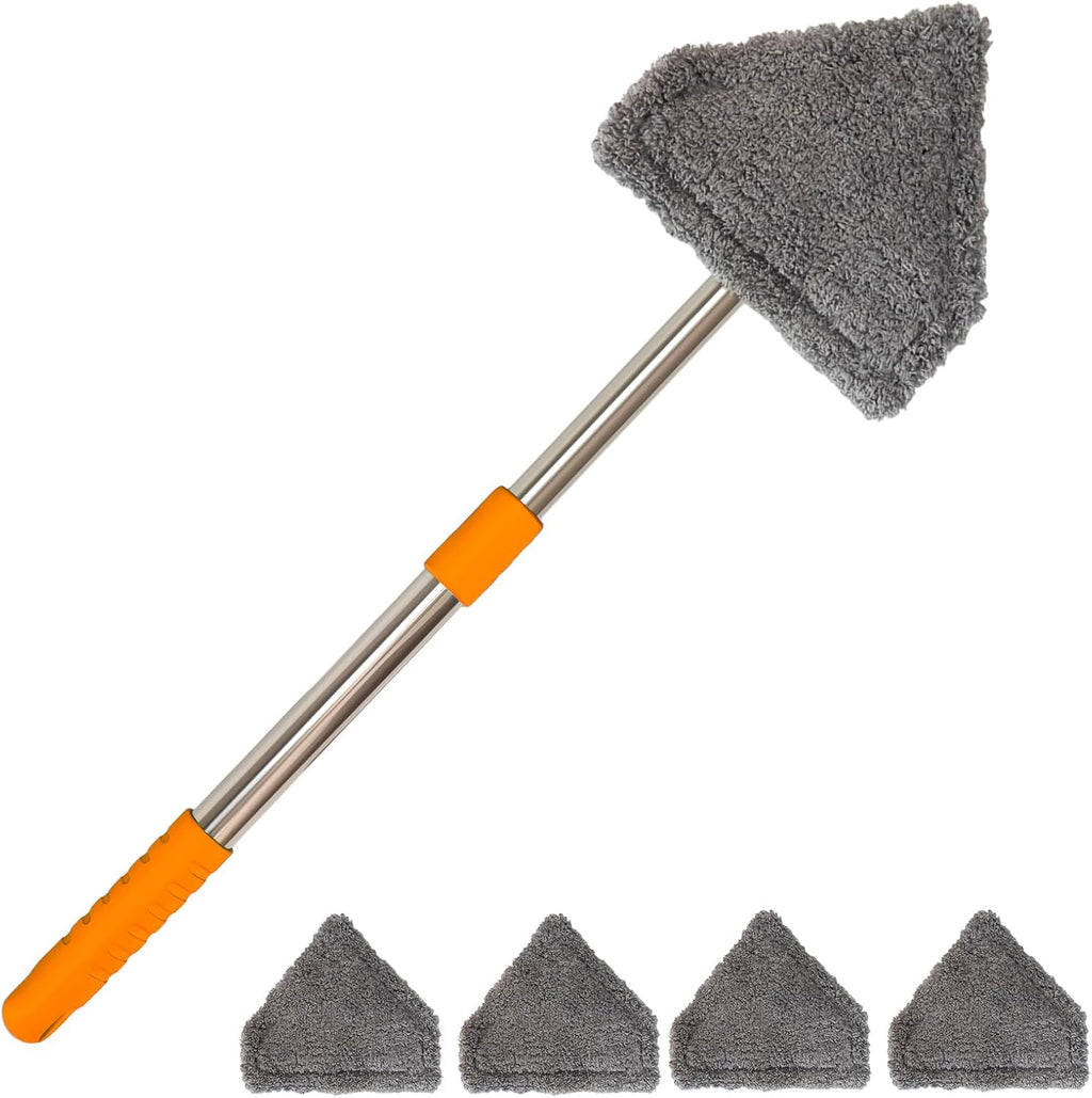 Windshield Cleaner Tool, Car Window Squeegee with 4 Reusable Microfiber Pads, 13"-16.7" Telescopic Extendable Handle, 180° Rotating Glass Cleaner for Auto Interior, Shower Glass, Household Windows