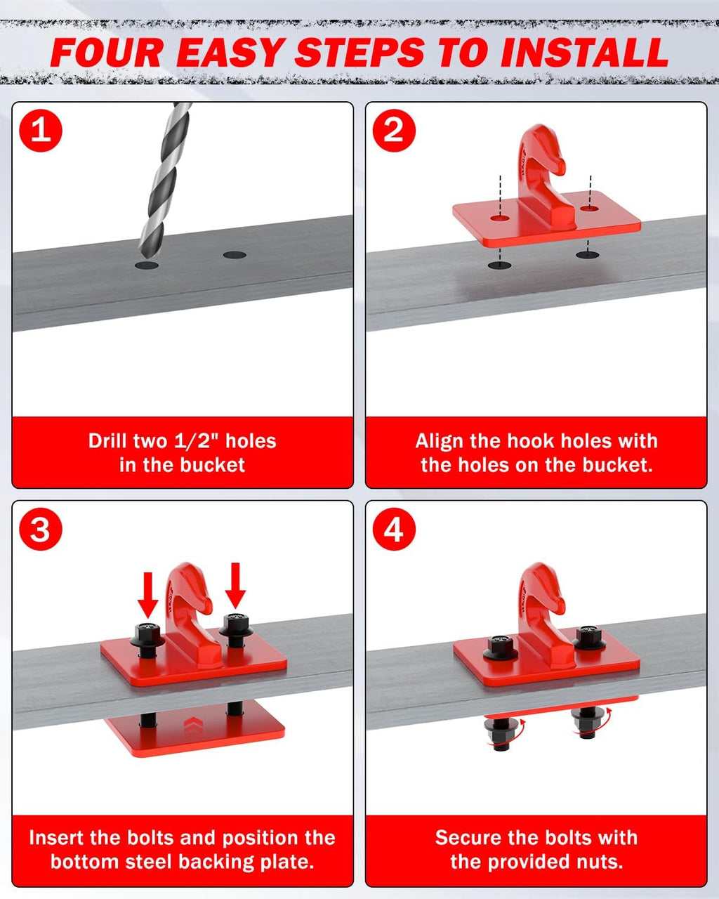 4 Pack 3/8" Tractor Bucket Grab Hooks, Grade 70 Forged Steel Bolt On Grab Hook with Backer Plate, Heavy Duty Tow Hook for Tractor Bucket, Loader, Truck, UTV, RV, 15,000 lbs, Red