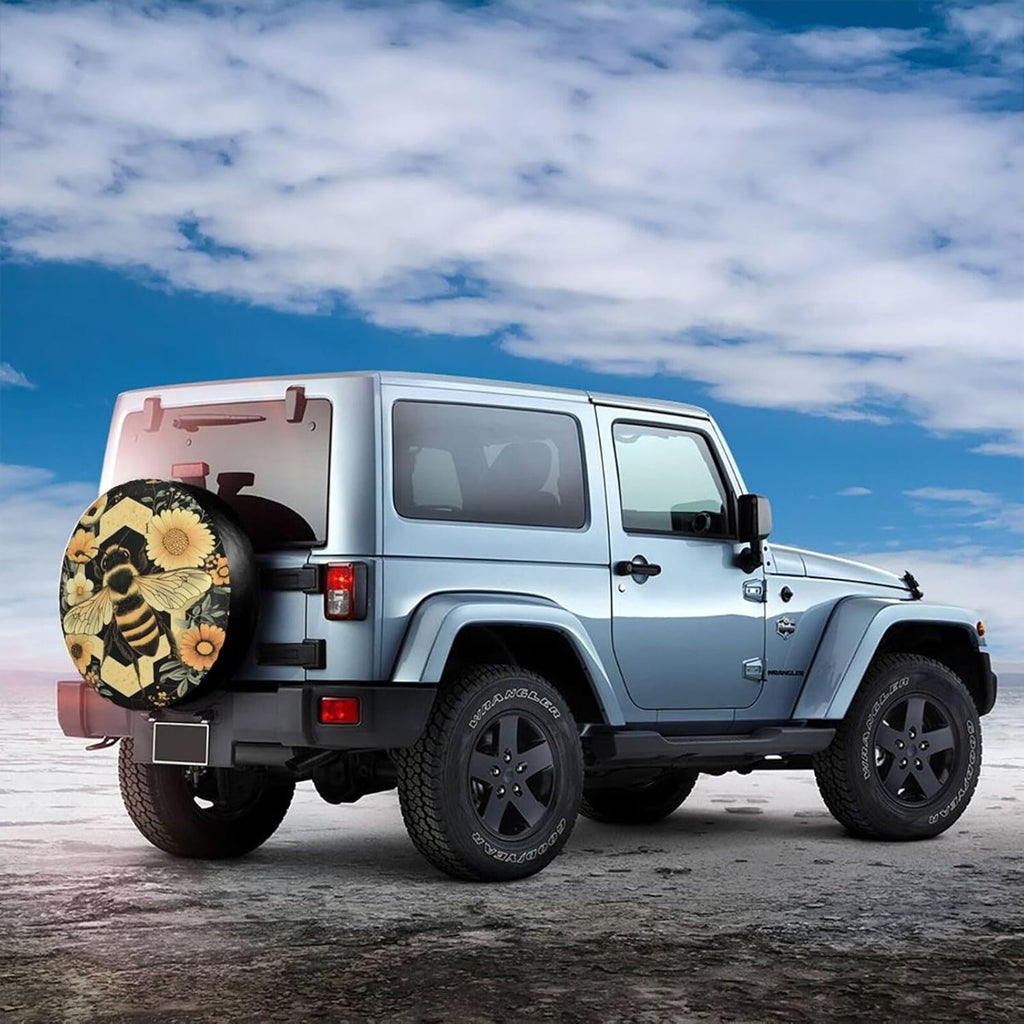 Tire Cover Waterproof for Jeep Trailer SUV Truck Rv – Honey Bee Flowers Hexagons 15 Inch Universal Spare Wheel Covers for Sun Rain Snow Uv Protection, Dust-Proof Tire Protectors