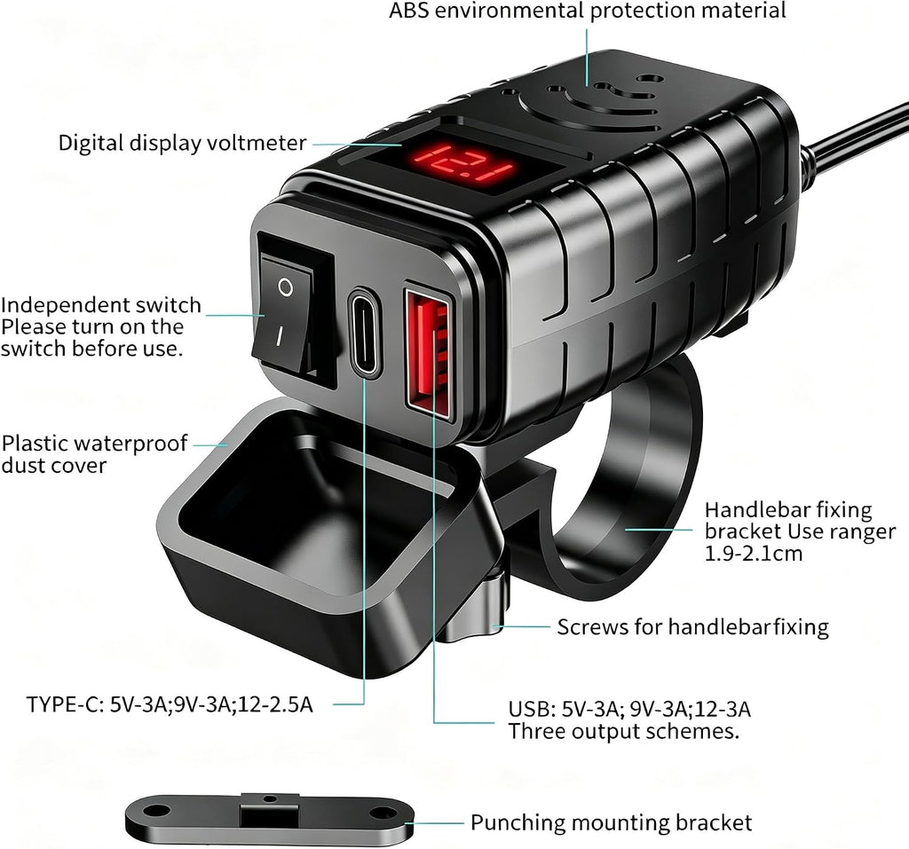 Motorcycle USB Type C Port 12V Voltmeter Independent On Off Switch SAE Inline 10A Fuse Waterproof 6.8A QC3.0 Fast Phone Tablet for 7/8inch Handlebar