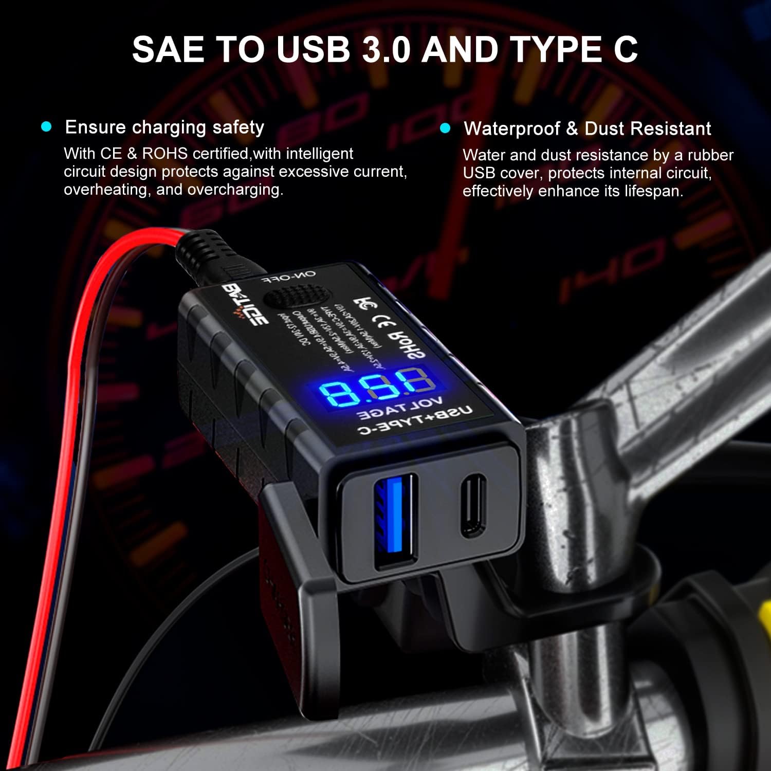 Motorcycle USB Charger SAE to USB Adapter Type C and Quick Charge USB 3.0 with Voltmeter, ON/Off Switch and 3.6FT SAE Extension Cable Waterproof 3 Install Options for GPS Smartphone Camera