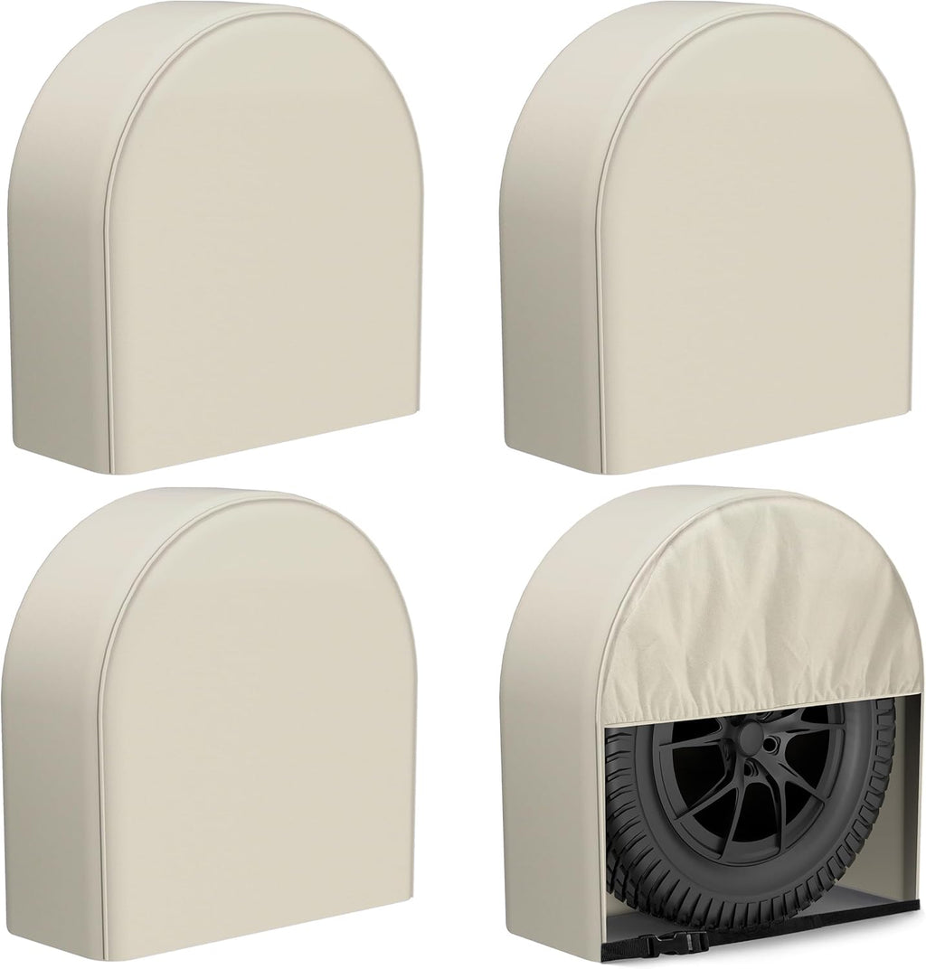 eletecpro RV Tire Covers 4 Pack, Waterproof Wheel Covers with Tough 600D Oxford Fabric, UV Protective Accessories for Trailer, SUV, Truck, Camper, Universal Fit 29-32 Inch Tire Diameters, Light Beige