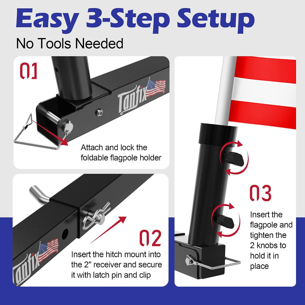 Foldable Hitch Mount Flagpole Holder | All Metal Heavy- Duty, Fits Standard 2" Trailer Hitch, Compatible with Jeep, Truck, SUV, RV, Pickup, Camper Trailer (ONE Flagpole)