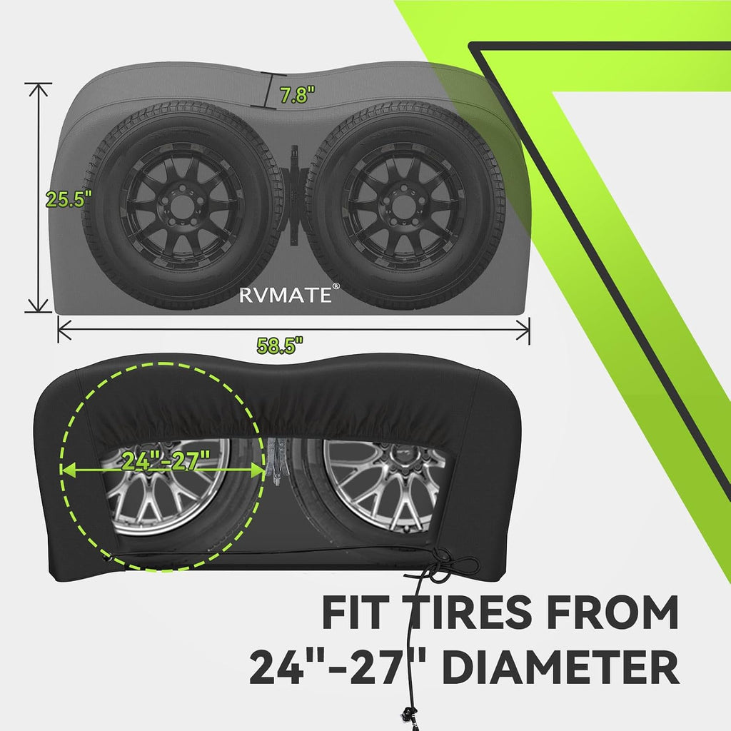 RVMATE RV Tire Covers - Dual Axle Wheel Cover (2 Pack) Fits 24"-27" Tires, Waterproof Anti-UV 600D Oxford Black Dual Tire Covers for RV/Truck/Trailer