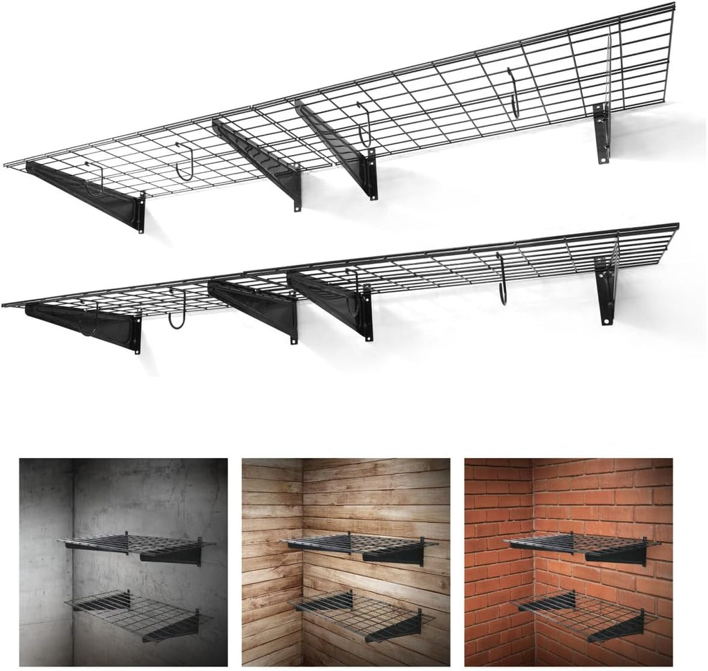 Fencer Wire 72 in. W x 18 in. D Wall Mounted Garage Wall Shelving w/ 4 Hooks