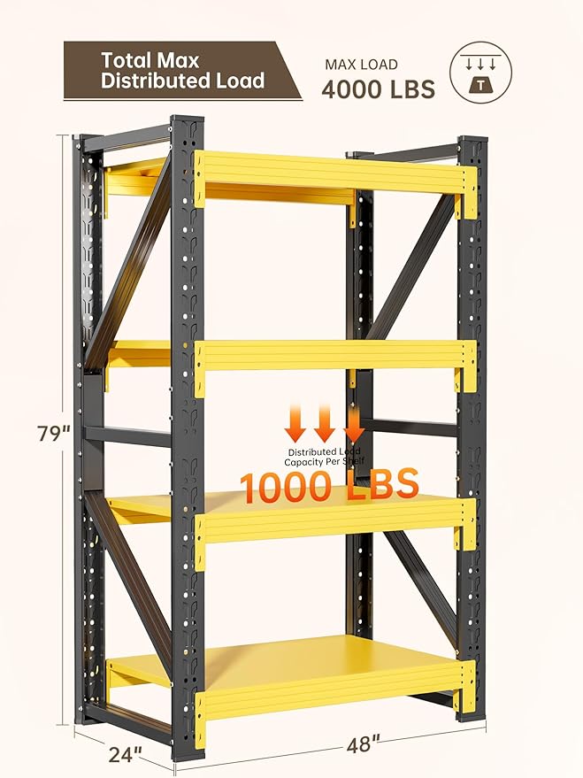4-Tier Storage Shelves, Adjustable Industrial Metal Shelf System, 000lbs - Image 3