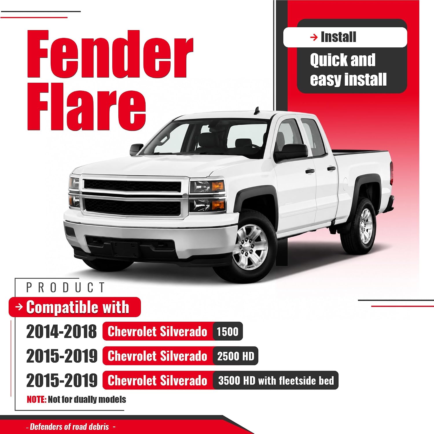 Fender Flare Compatible with 2014-2018 Chevrolet Silverado 1500 2500 HD 3500 HD Not for dually models