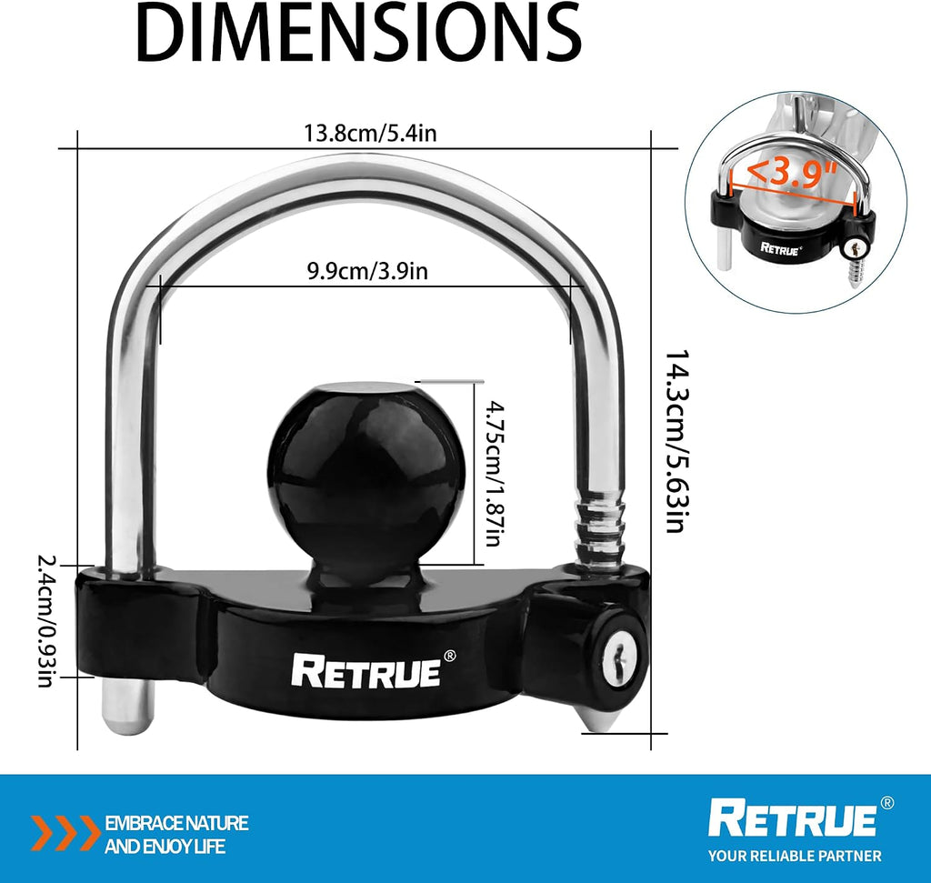 RETRUE Universal Coupler Lock Trailer Locks Ball Hitch Trailer Hitch Lock Adjustable Security Heavy-Duty Steel Fits 1-7/8 Inch, 2 Inch, 2-5/16 Inch Couplers Black (Pack of 2)