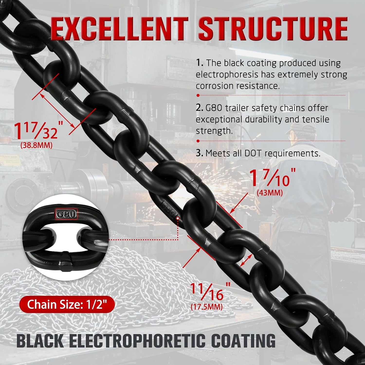 1/2" G80 Trailer Safety Chains with G70 Clevis Safety Hook,36" Tow Chains 12,000 lbs Working Load 48,000 lbs Break Strength Heavy Duty for Boat&Utility Trailers Truck Binding Chains(2 Pack,EP Black)