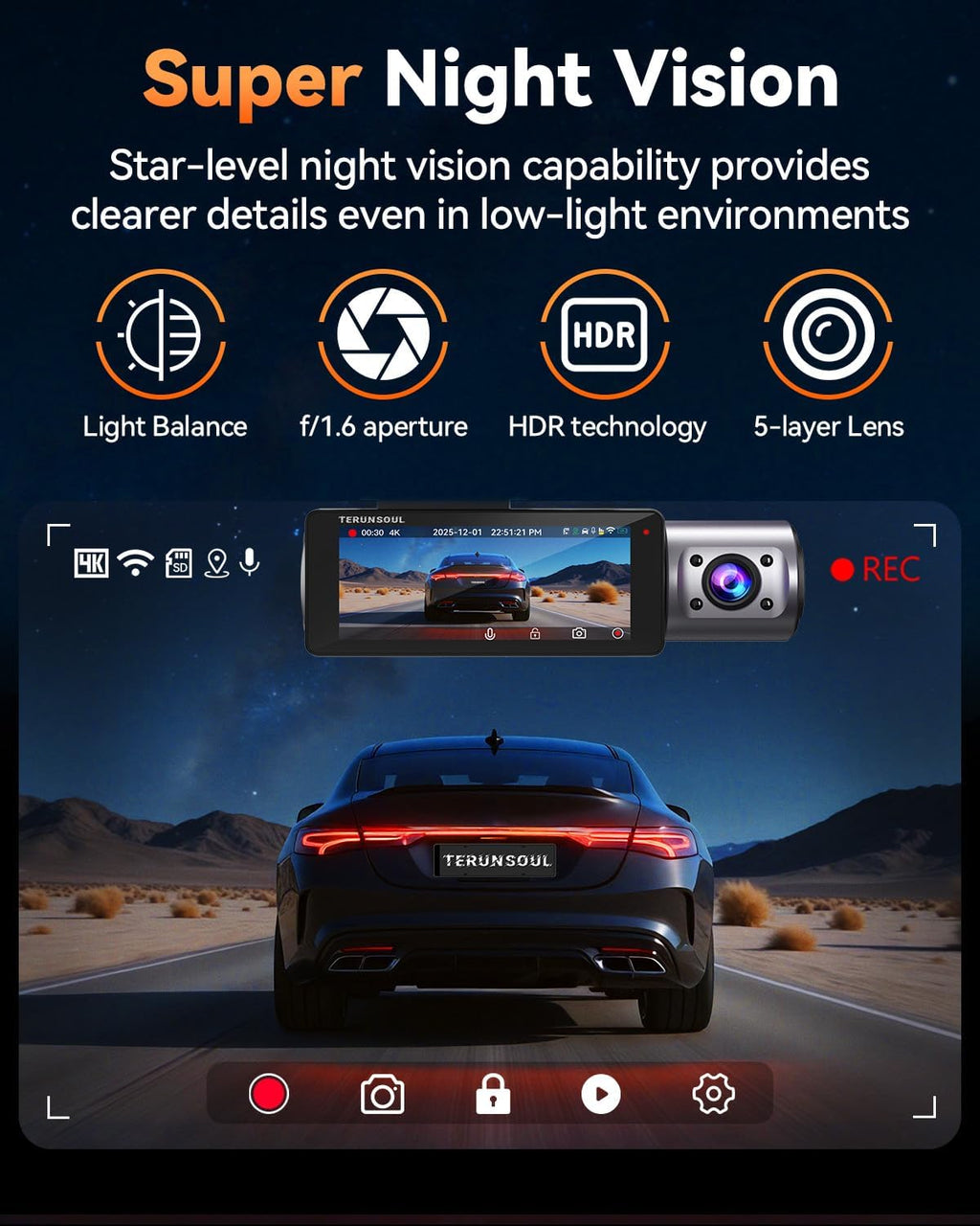 4k dash cam front and rear, full hd, close-up detail