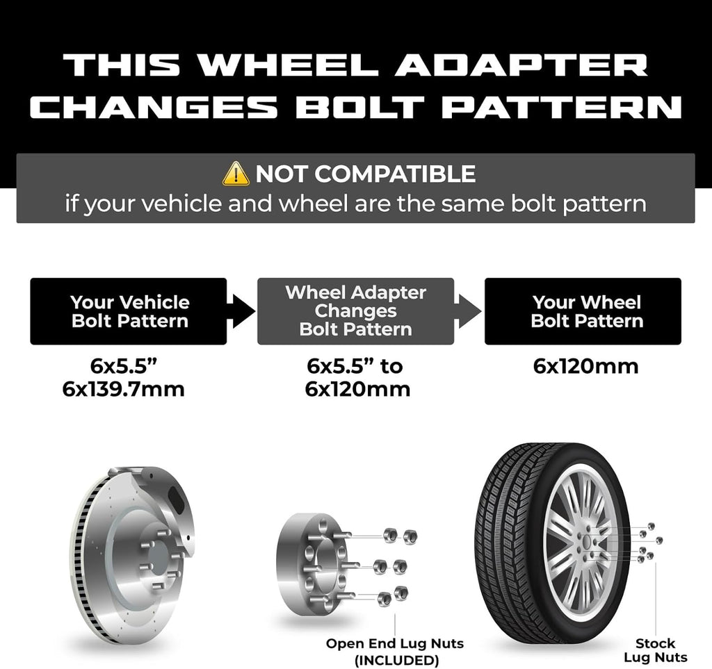 ezaccessory 4 Wheel Adapters 6x5.5 to 6x120 | 1.25" Thick Fits Chevy 6 Lug Silverado Tahoe & Mount Wheels Colorado 15-22 + Hub Ring 108-78