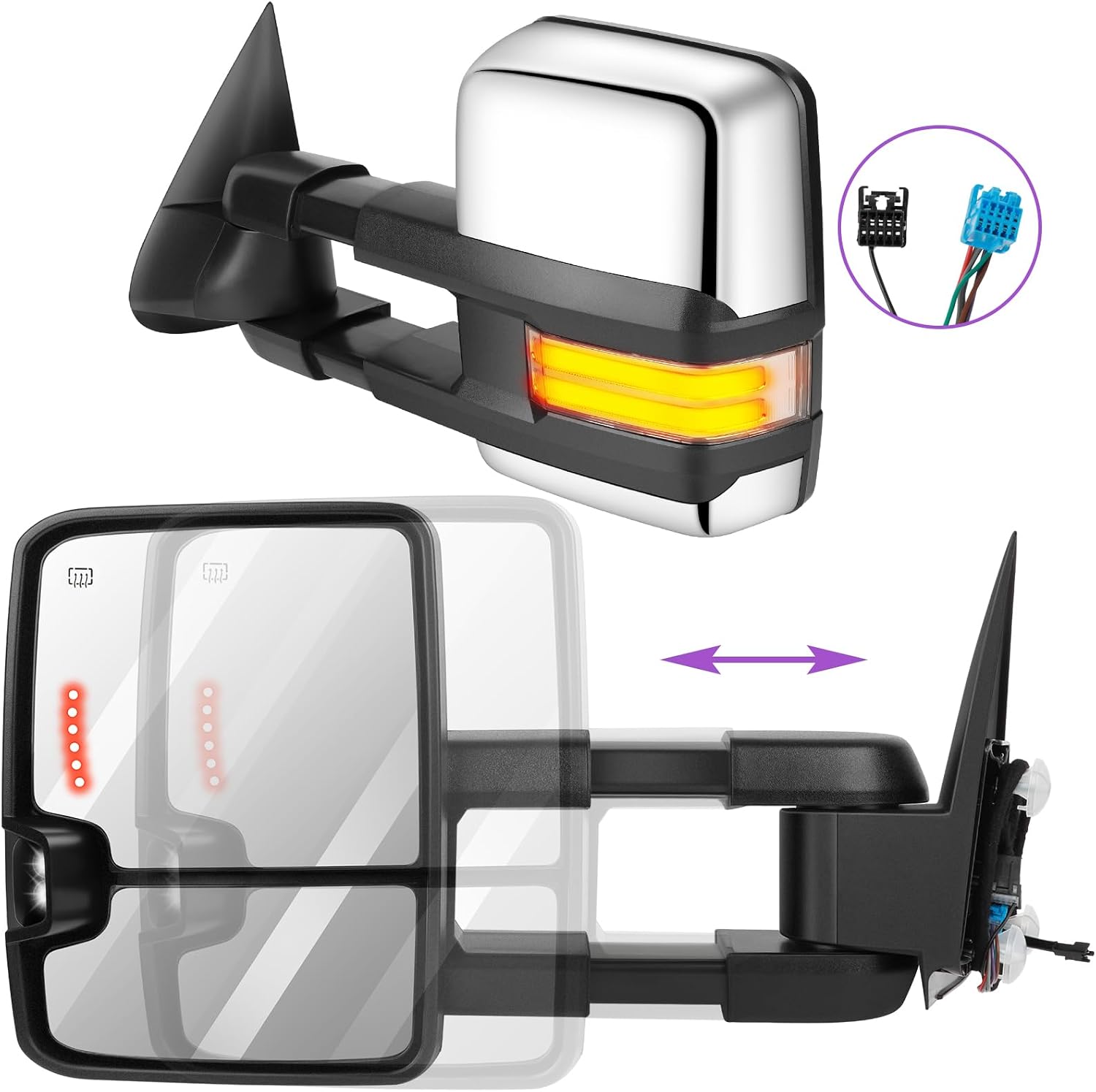 Tow Mirrors Pair suitable for 2003-2006 For Chevy Silverado For GMC Sierra Pickup with Power Adjusted Heated LED Turn Signal Running Width Light ChromeTowing Mirrors