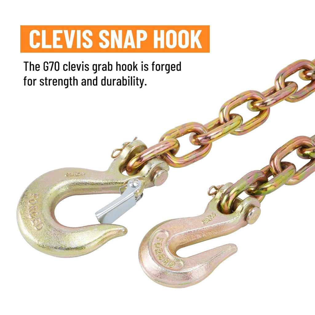 3/8" Binder Chain with Clevis Grab Hooks, 8 FT Trailer Safety Chain, Grade 70 Standard Duty Transport Tow Chain 6,600 Pound Safe Working Load (Pack of 2)