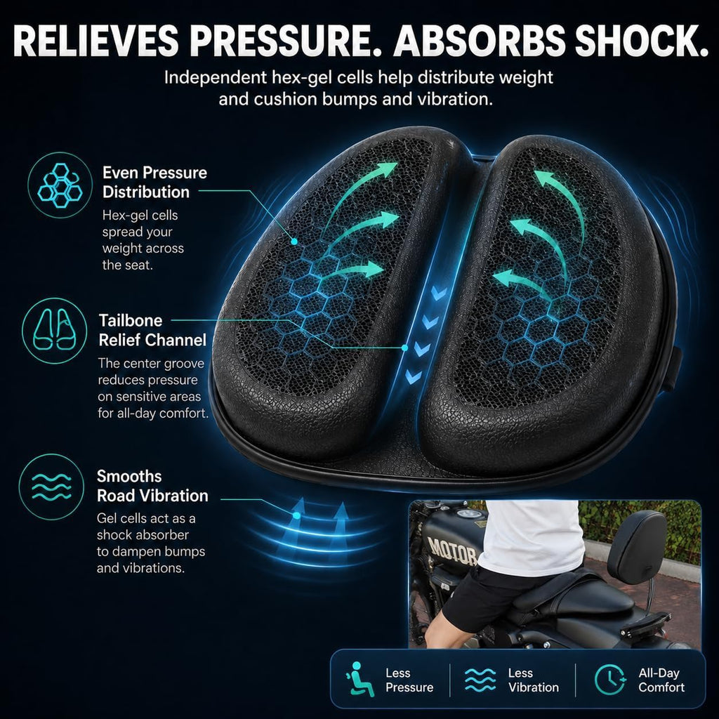 Hexrider Motorcycle Seat Cushion, 3D Honeycomb Gel Motor Seat Pad for Long Rides, Ergonomic Shock Absorption TPE Rider Cushion, Universal Non-Slip Breathable Cruiser Touring Seat Cover