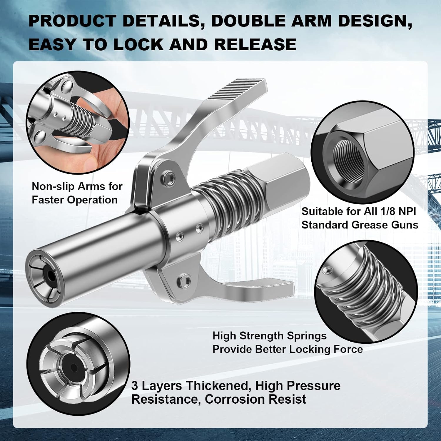 AKEOIL Grease Gun Coupler, 6 Jaw Locking Grease Gun Tip, 12000 PSI High Pressure Leak Proof Grease Coupler, Quick Release Grease Gun Nozzle, 1/8" NPT Compatible With All Grease Guns