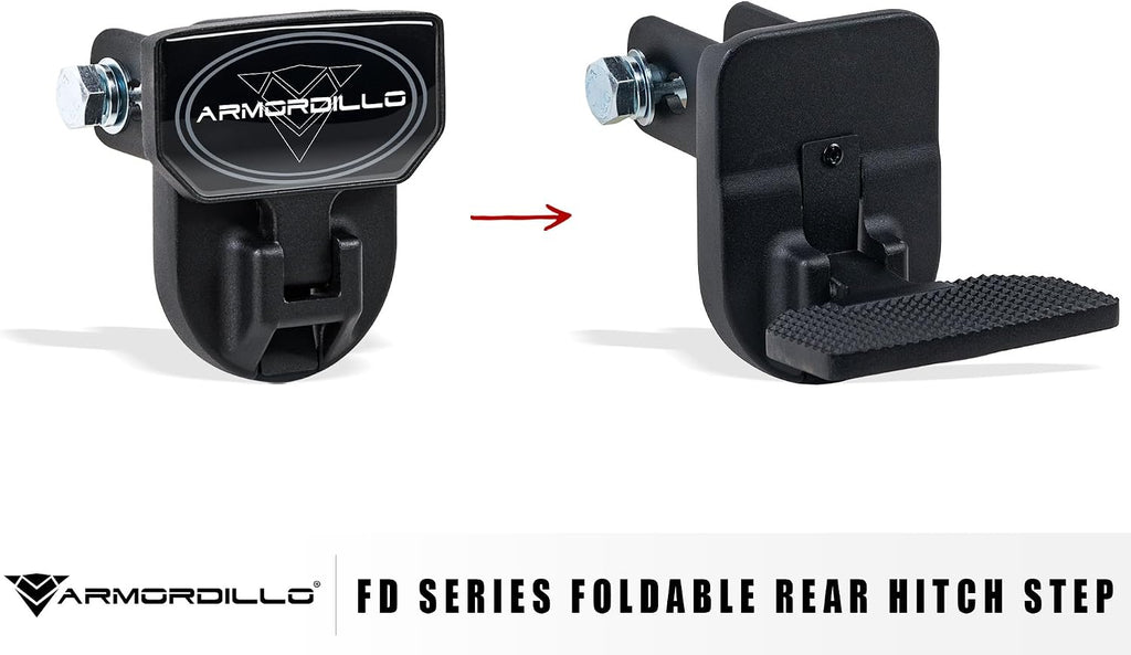 Armordillo FD Series 5" Foldable Rear Hitch Step|Compatible for Class 4 Trailer Hitch 2" Receiver|Hitch Step Bar|Folding Fold-Up Rear Step|8724552|Matte Black|Steel|Universal