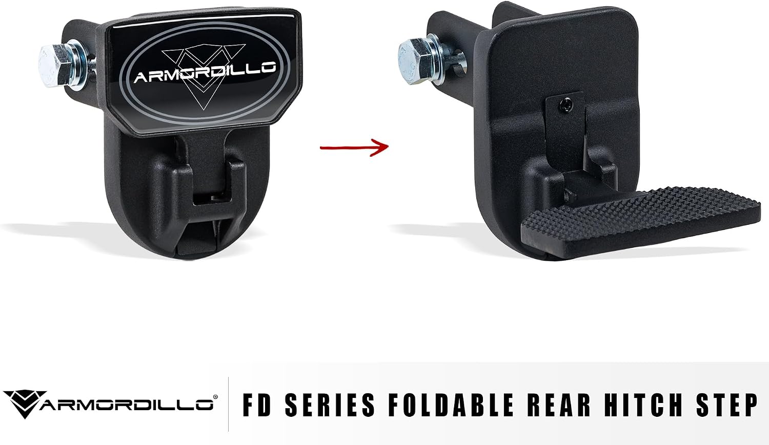 Armordillo FD Series 5" Foldable Rear Hitch Step|Compatible for Class 4 Trailer Hitch 2" Receiver|Hitch Step Bar|Folding Fold-Up Rear Step|8724552|Matte Black|Steel|Universal