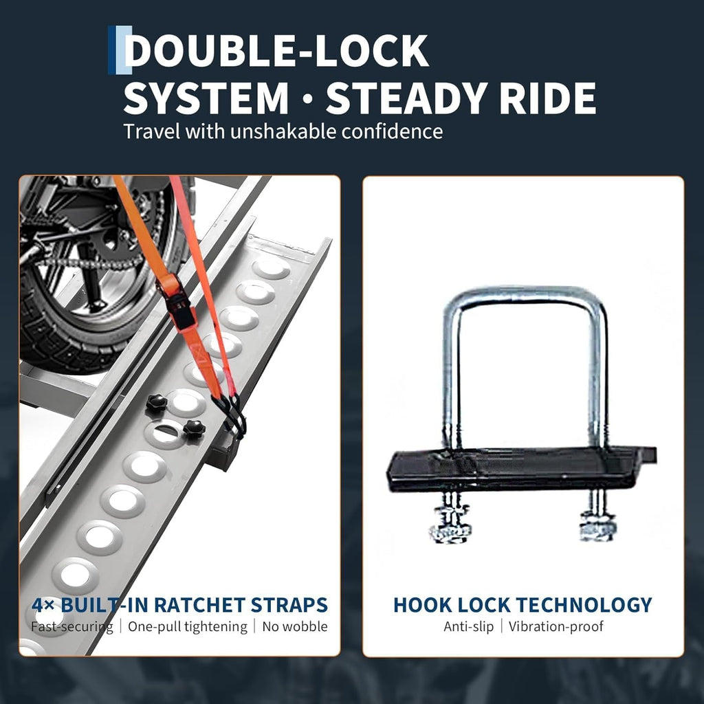 600 lbs Professional-Grade Motorcycle Hitch Carrier – 2 Inch Receiver Hitch Mount, Anti-Wobble Stabilization, Non-Slip Ramp, Tie-Down Straps, Dirt Bike & Motorcycle Trailer Transport