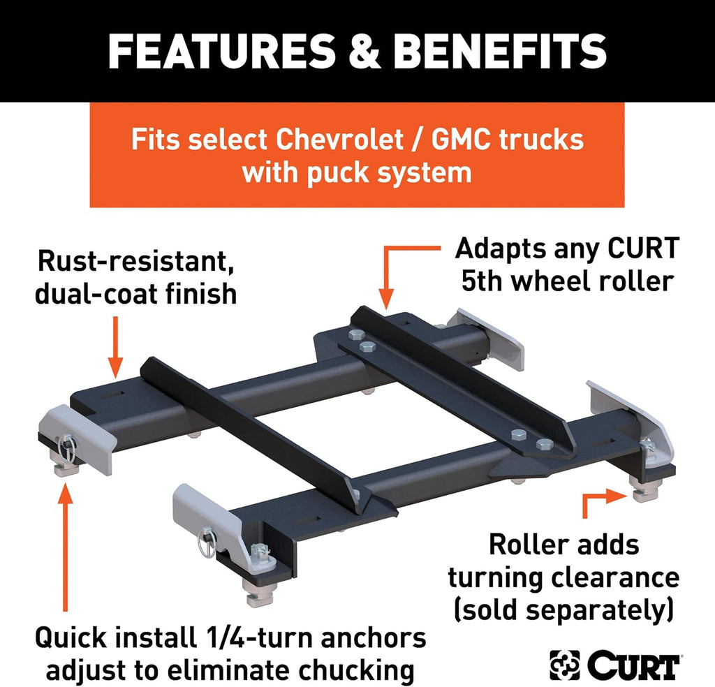 CURT 16023 Replacement Chevrolet Silverado, GMC Sierra 2500, 3500 HD Puck System 5th Wheel Roller Adapter, 20,000 lbs, Hitch Head and Roller Required