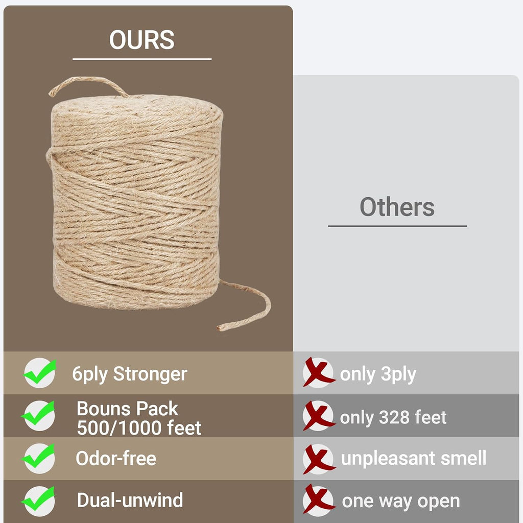 Natural Jute Twine Rope, 500ft x 1/8 inch, 6-Ply Heavy Duty for Crafts, Gardening, Gift Wrapping, Packing,Rustic Decoration