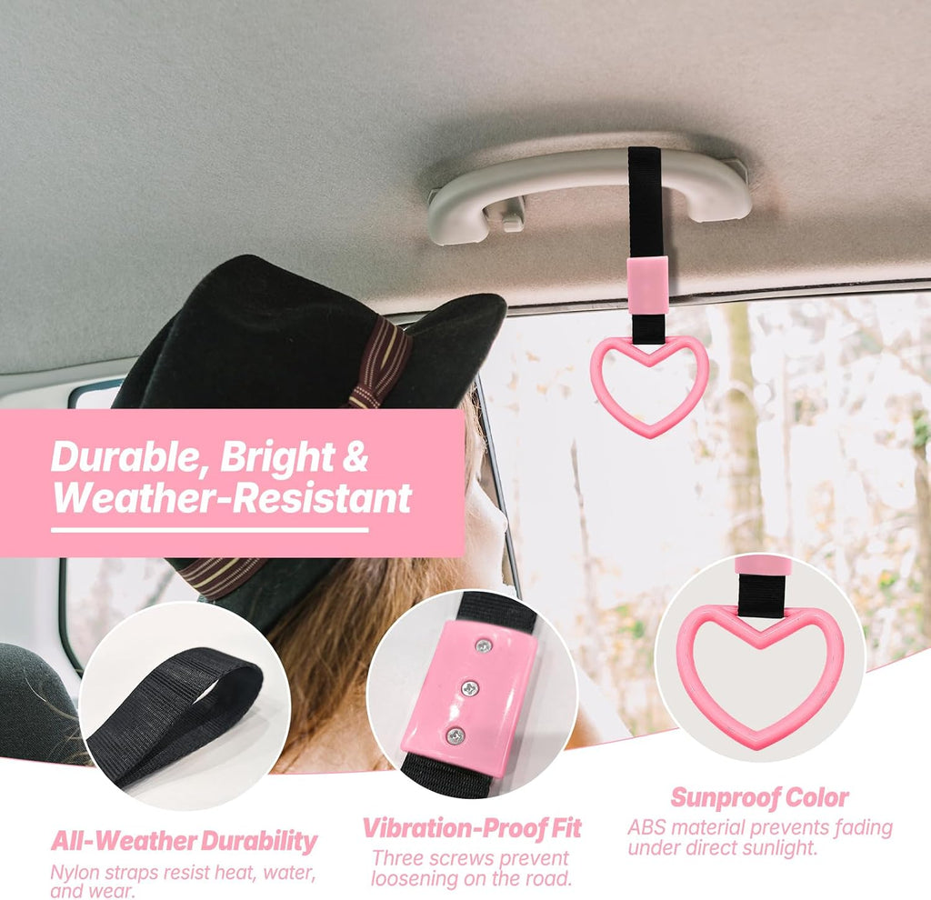 2 Pcs Heart Shaped Car Handle Strap – Drift Charm Rear Bumper Warning Ring Decor for Car Interior Exterior, Subway Bus Handle Accessory, Cute Heart Car Decor Gift for Women & Men (Pink)