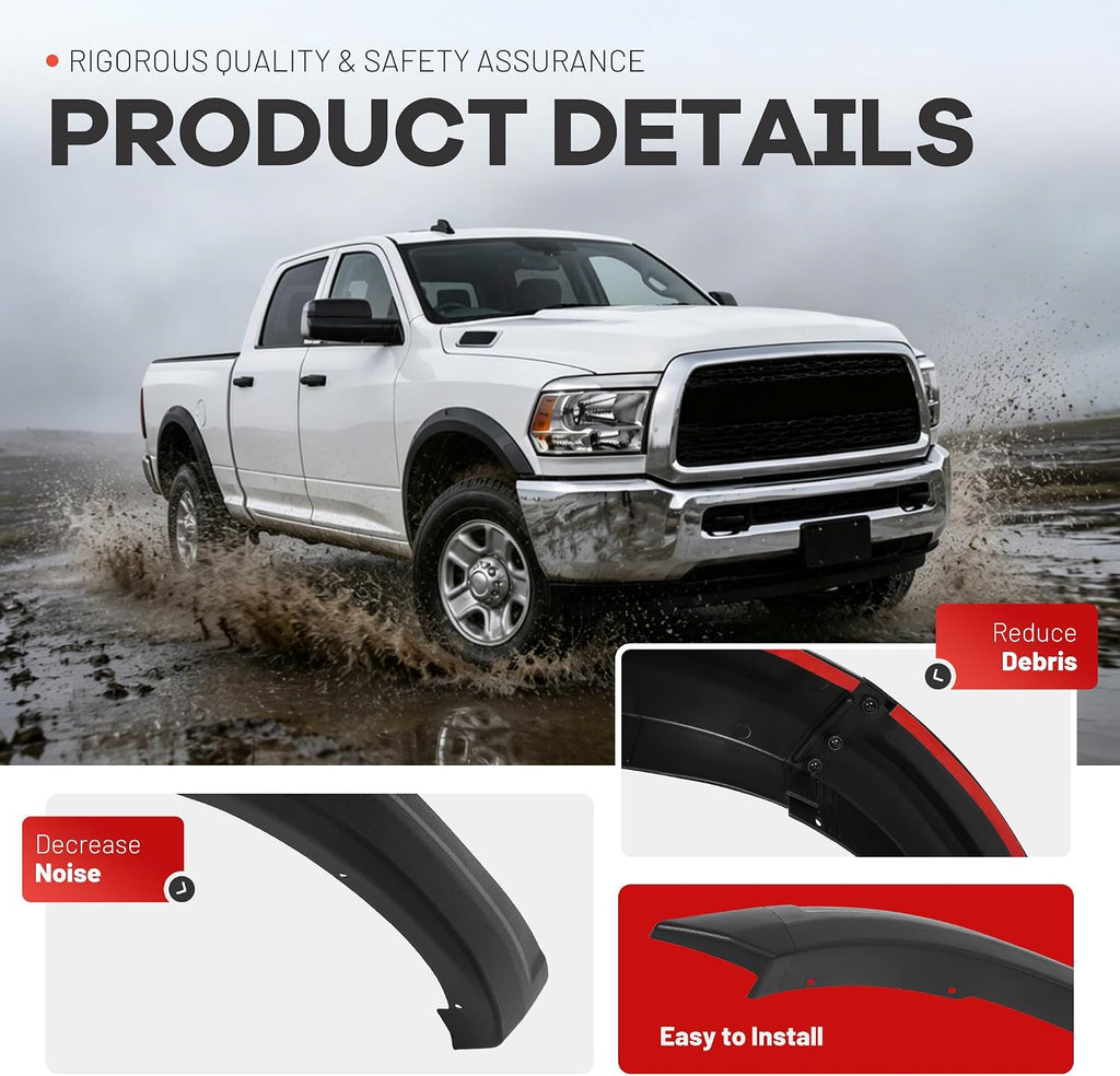 ALMULOO 4Pcs Fender Flares Compatible with 2010-2018 Dodge Ram 2500 3500 Wheel Arch Covers Plastic(PP) Textured Black