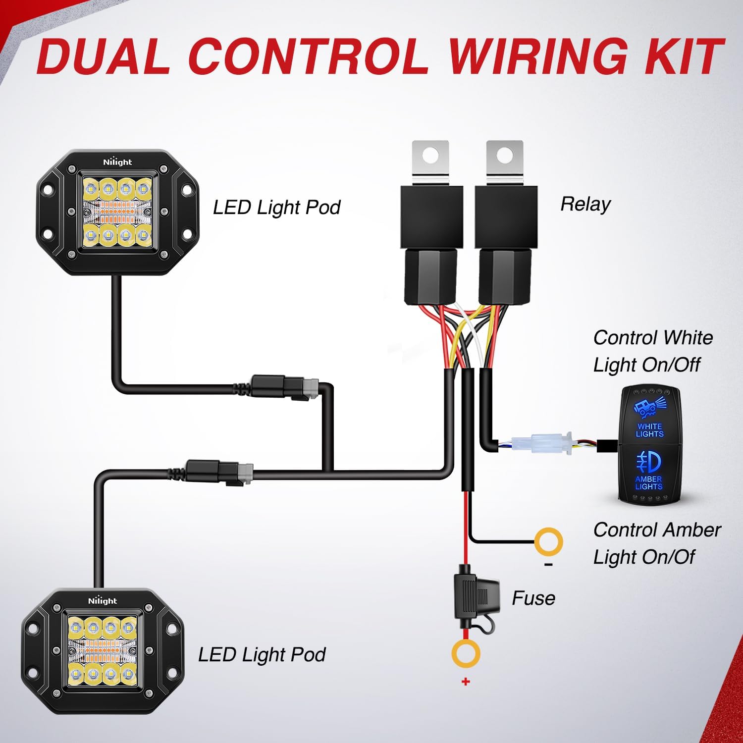 Nilight Flush Mount LED Light Pods 2PCS 42W Amber White 3 Lighting Modes Fog Lights Spot Flood Combo Beam with Dual Control 18AWG Wiring Harness for Truck Pickup Golf Cart UTV ATV SUV Boat 4x4 Car