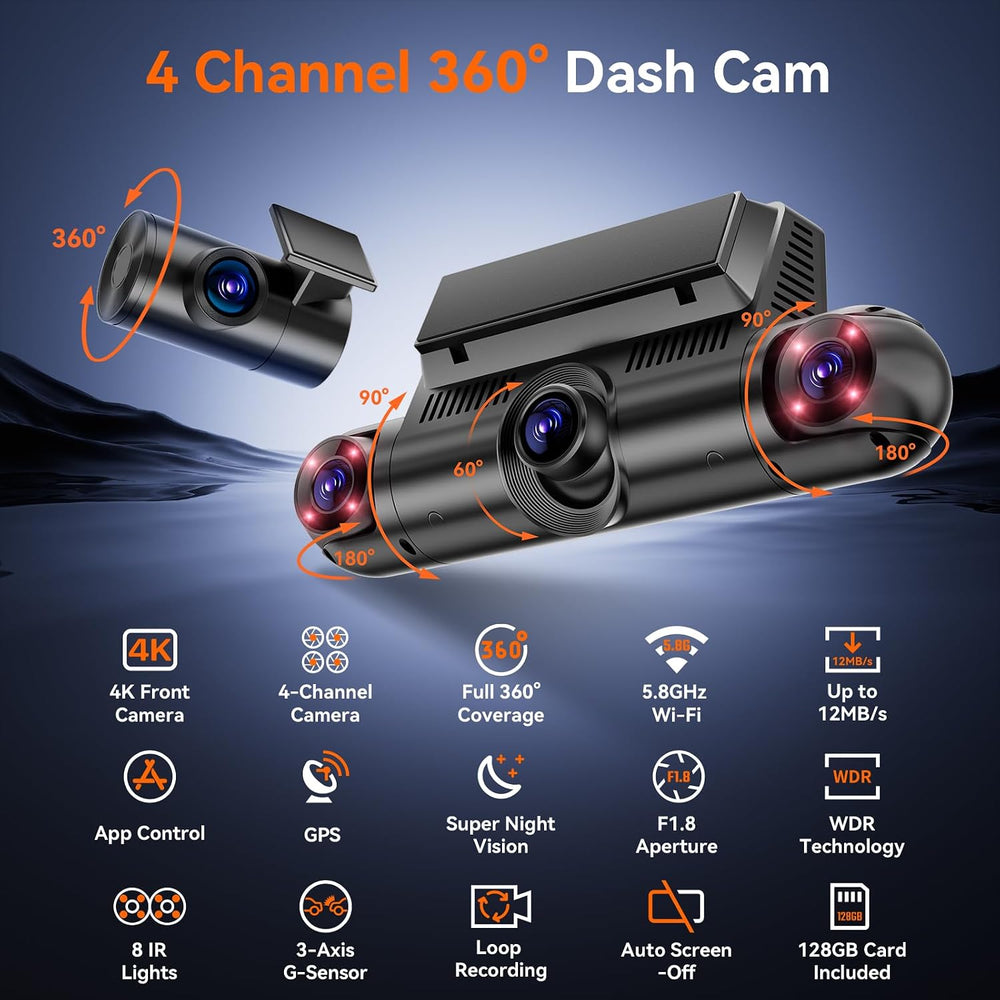 4K 360° Dash Cam, 4-Channel Front Rear Left Right, WiFi GPS 128GB