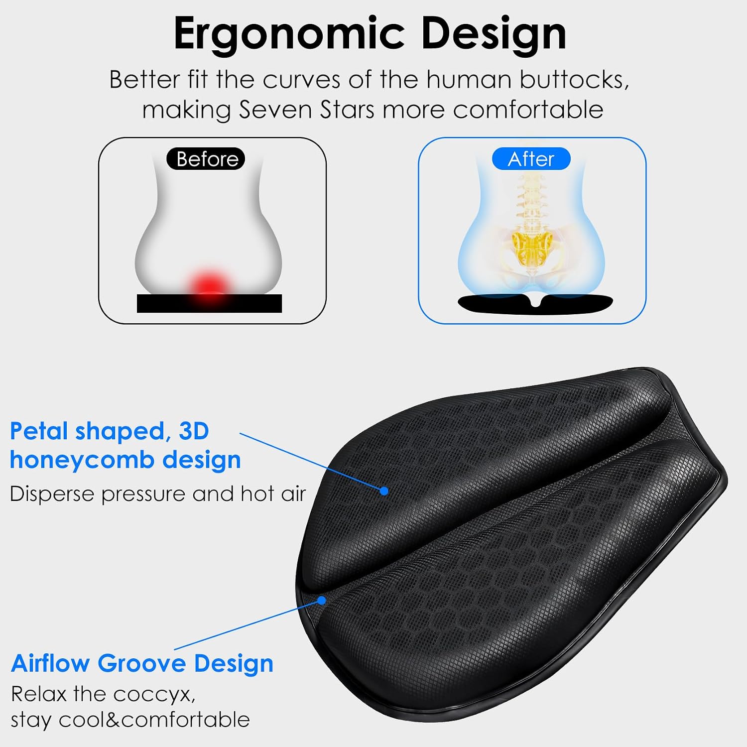 Motorcycle Gel Seat Cushion - Foldable Soft Pressure Relief Pad with Petal Ergonomic Design & 3D Honeycomb Breathable Structure, Cool & Comfortable for Long Rides (Black)
