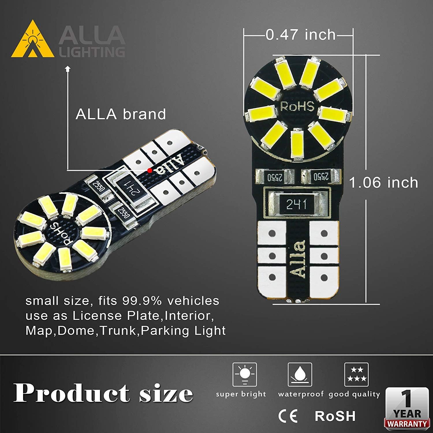 Alla Lighting 4x 194 168 LED Light Bulb 6000K White Super Bright 175 168 2825 W5W T10 Wedge 3014 SMD LED Replacement Bulbs CAN-BUS for Car Interior Map Dome Trunk License Parking Lights
