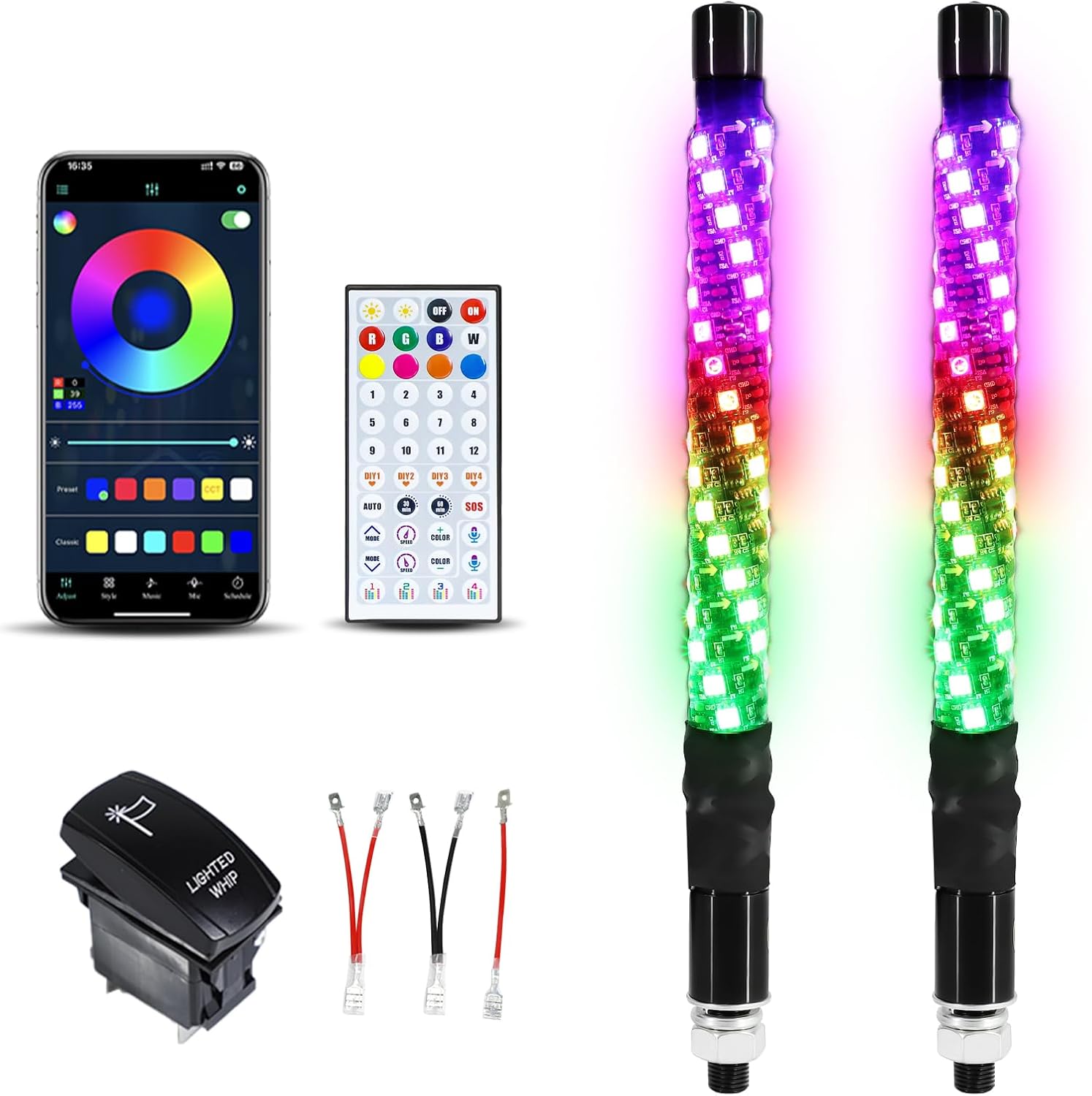 2 Pack 1FT Whip Lights with Spring Base, LED Whip Light with App & Remote Control, Spiral RGB Chasing Lighted Whips with Rocker Switch, Music Whip Light for UTV ATV