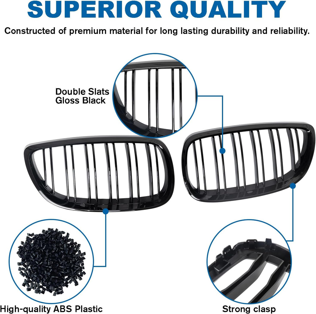 E92 E93 M3 Front Kidney Grille ABS Double Slats Gloss Black 2Pcs | Sporty Style Grille Upgrade, No-Drill Clip-On Install, Sensor & Airflow Compatible With BMW 3 Series E92 E93 M3 2006-2010