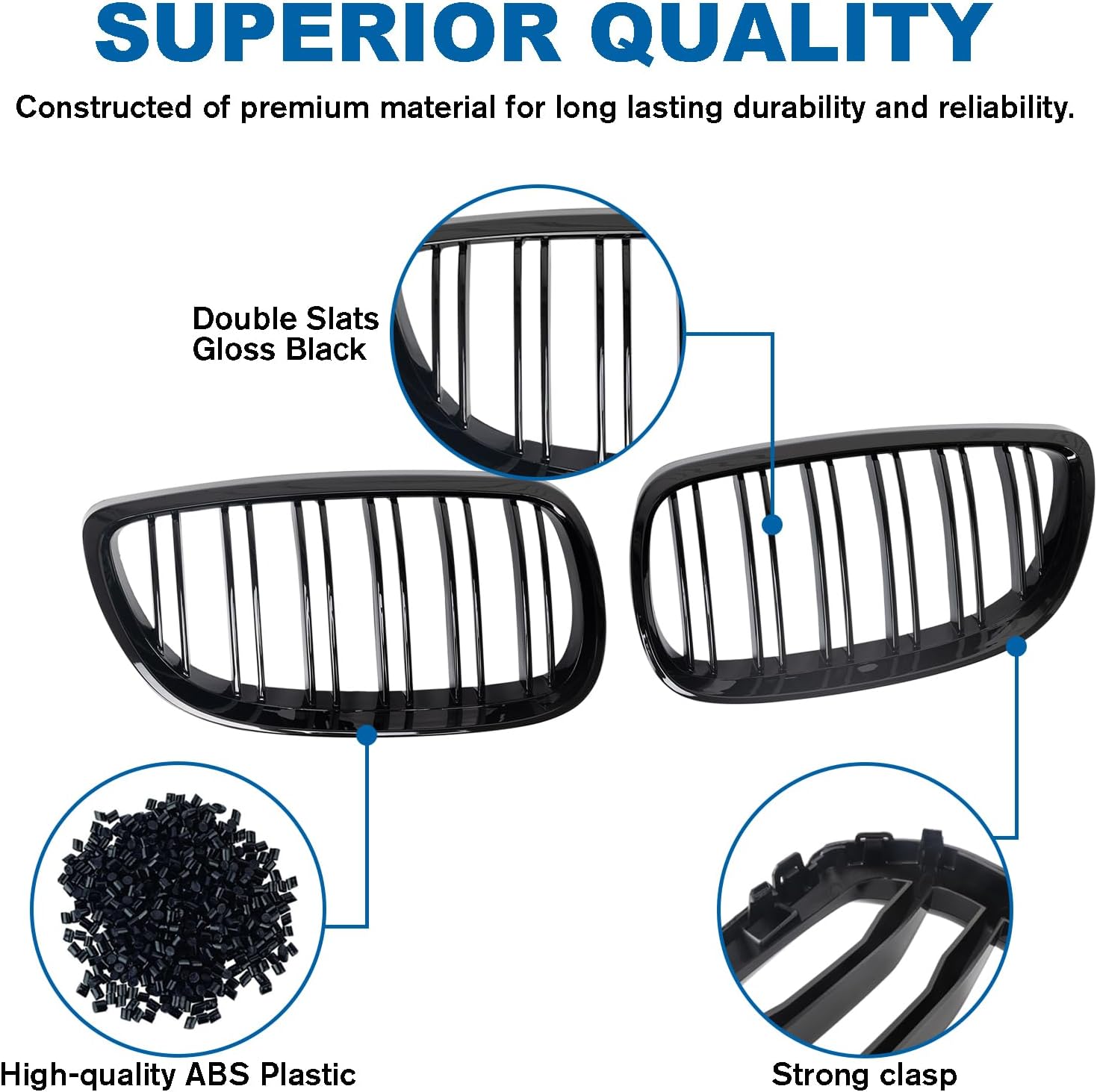 E92 E93 M3 Front Kidney Grille ABS Double Slats Gloss Black 2Pcs | Sporty Style Grille Upgrade, No-Drill Clip-On Install, Sensor & Airflow Compatible With BMW 3 Series E92 E93 M3 2006-2010