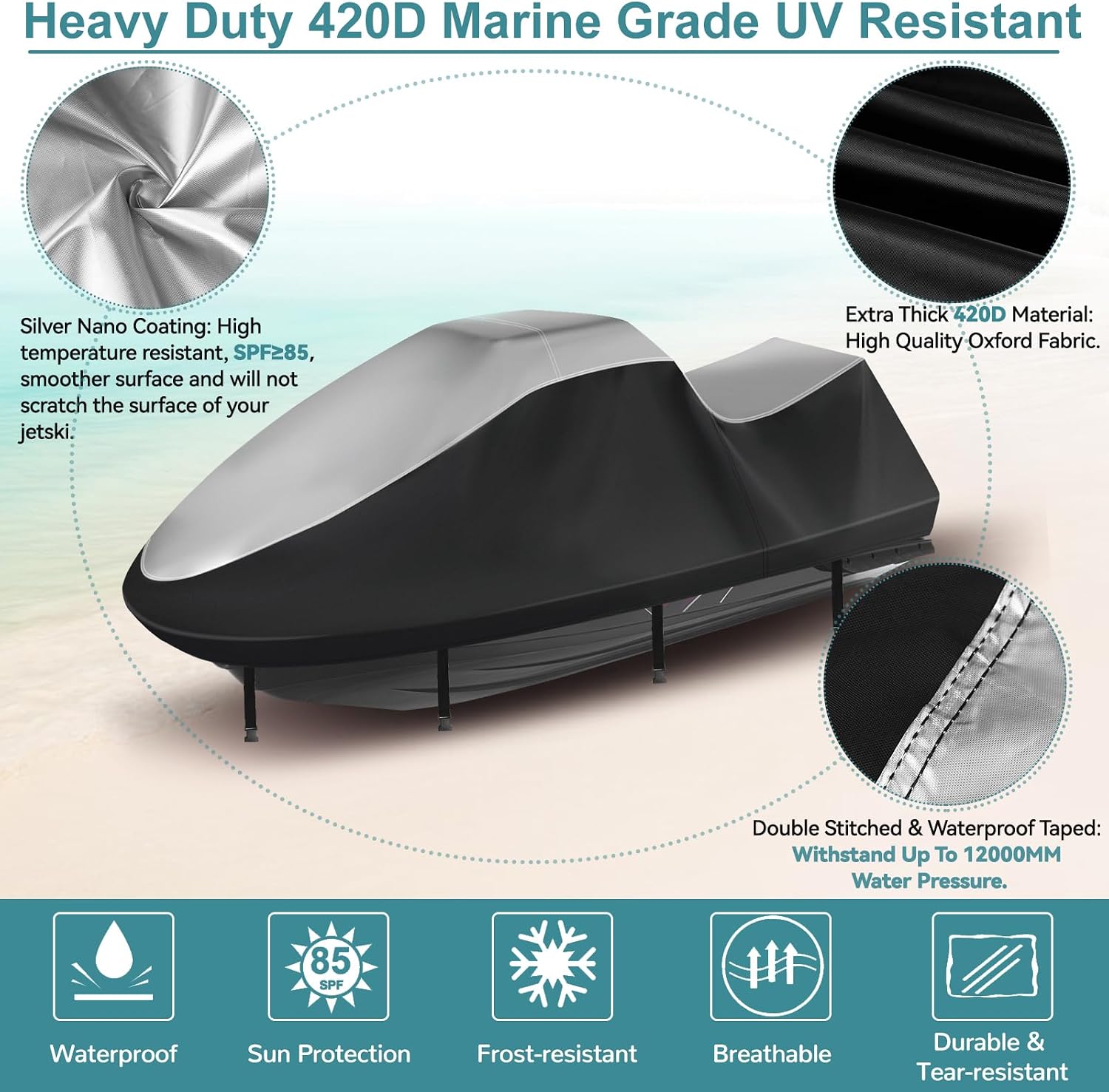 Jet Ski Cover 420D Waterproof for Yamaha Seadoo, 121"-135" PWC Cover | Oxford Fabric 2 3 Seater jetski cover, 10000mm, UV SPF＞85+, 2 Air Vents,4 Windproof Buckles, for Outdoor Storage & Trailering