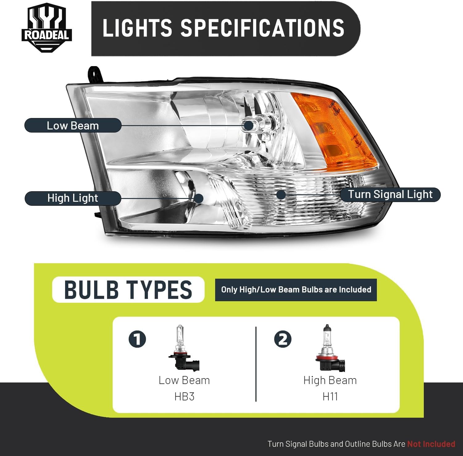 Headlights for 2009-2018 Dodge Ram 1500, for 2010-2018 Dodge Ram 2500 3500 with High/Low beam Bulbs, Driver & Passenger Side(ONLY fit Quad-Hole Single Headlight)